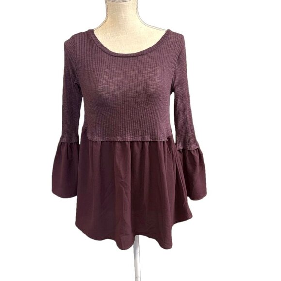 Women's Altar'd State Purple Boho Bell Sleeve Top Mixed Media Fabric. Size M - Picture 1 of 5